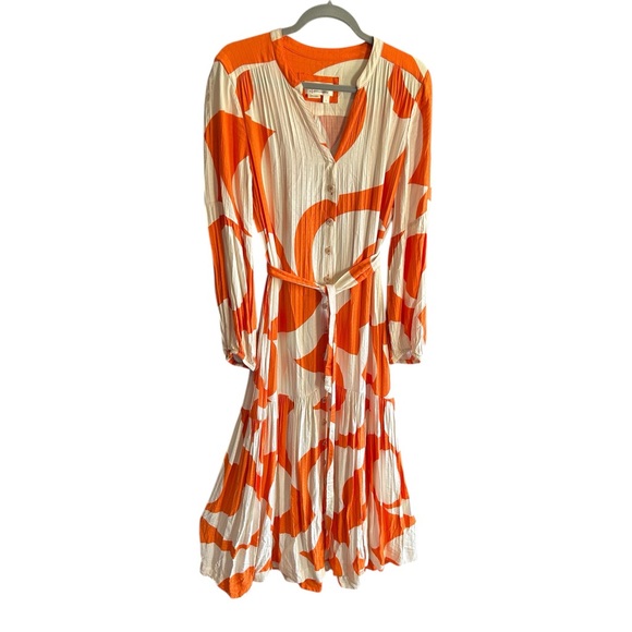 ANTHROPOLOGIE Tiered Buttondown Maxi Dress Orange Motif L - Picture 4 of 16
